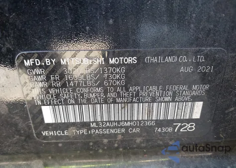2021 Mitsubishi Mirage Carbonite Edition/Es/Le from USA, damaged, VIN ML32AUHJ6MH012366